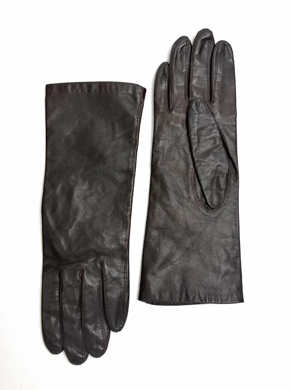 Vintage Shalimar Women’s Brown Genuine Leather Gloves Qiana size L Length 11